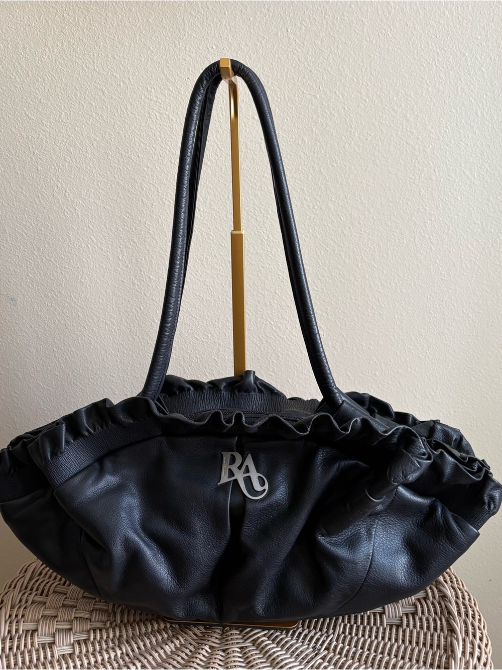 Renato Angi Black Ruffle Shoulder Bag with Silver Monogram